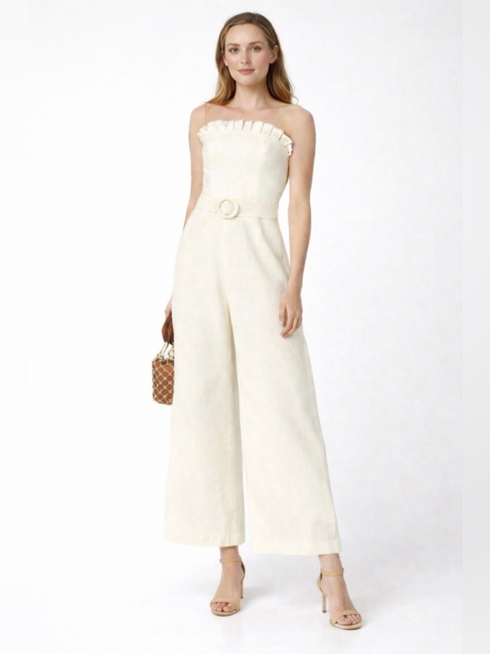 ALEXIS Strapless Linen Jumpsuit Cream Ivory Ruffle Belted Wide Leg Romper Medium